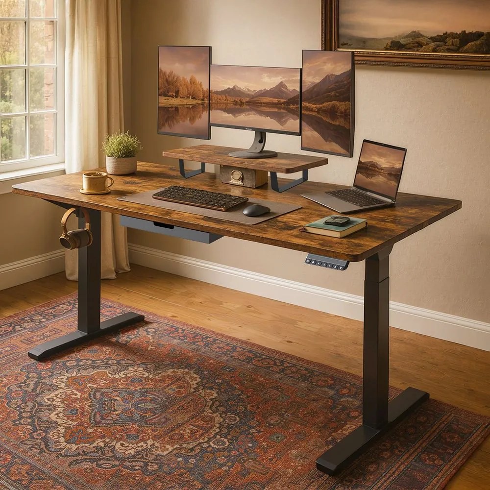 Secretária elétrica com altura ajustável, 140 x 70 x (82,5-130,5) cm, suporte para monitor castanha