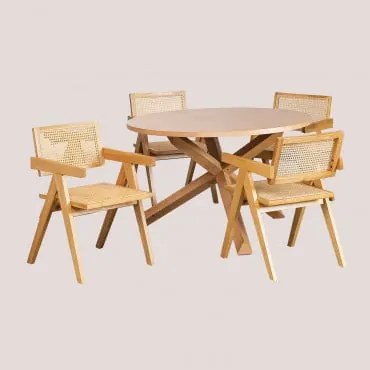 Conjunto De Mesa De Jantar Redonda Mieren (ø120 Cm) E 4 Cadeiras Com Braços Em Madeira De Freixo E Rattan Lali Style Madeira Natural - Sklum