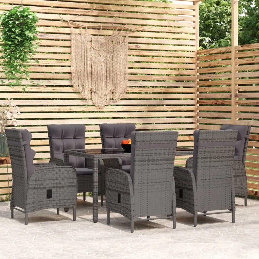 vidaXL 7 pcs conjunto de jantar para jardim vime PE cinzento