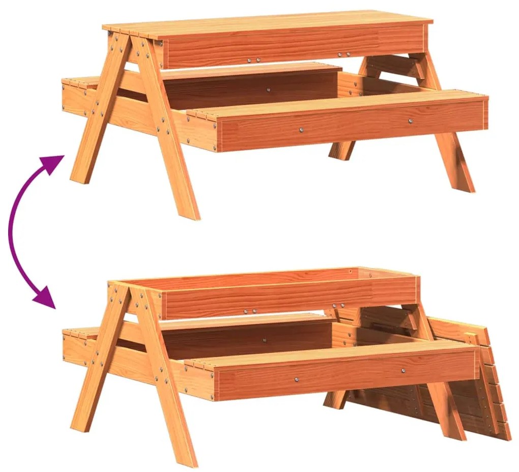 Mesa piquenique c/ caixa areia infan. pinho maciço castanho-mel