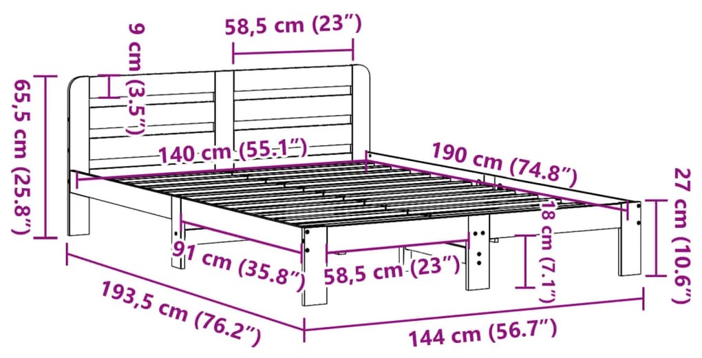 Cama sem colchão 140x190 cm pinho maciço castanho-mel