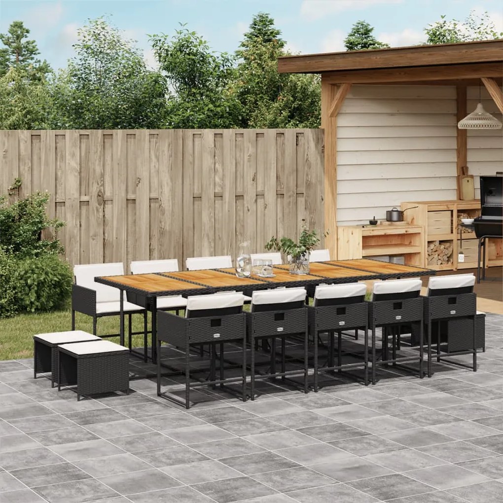 15 pcs conjunto de jantar p/jardim com almofadões vime PE preto