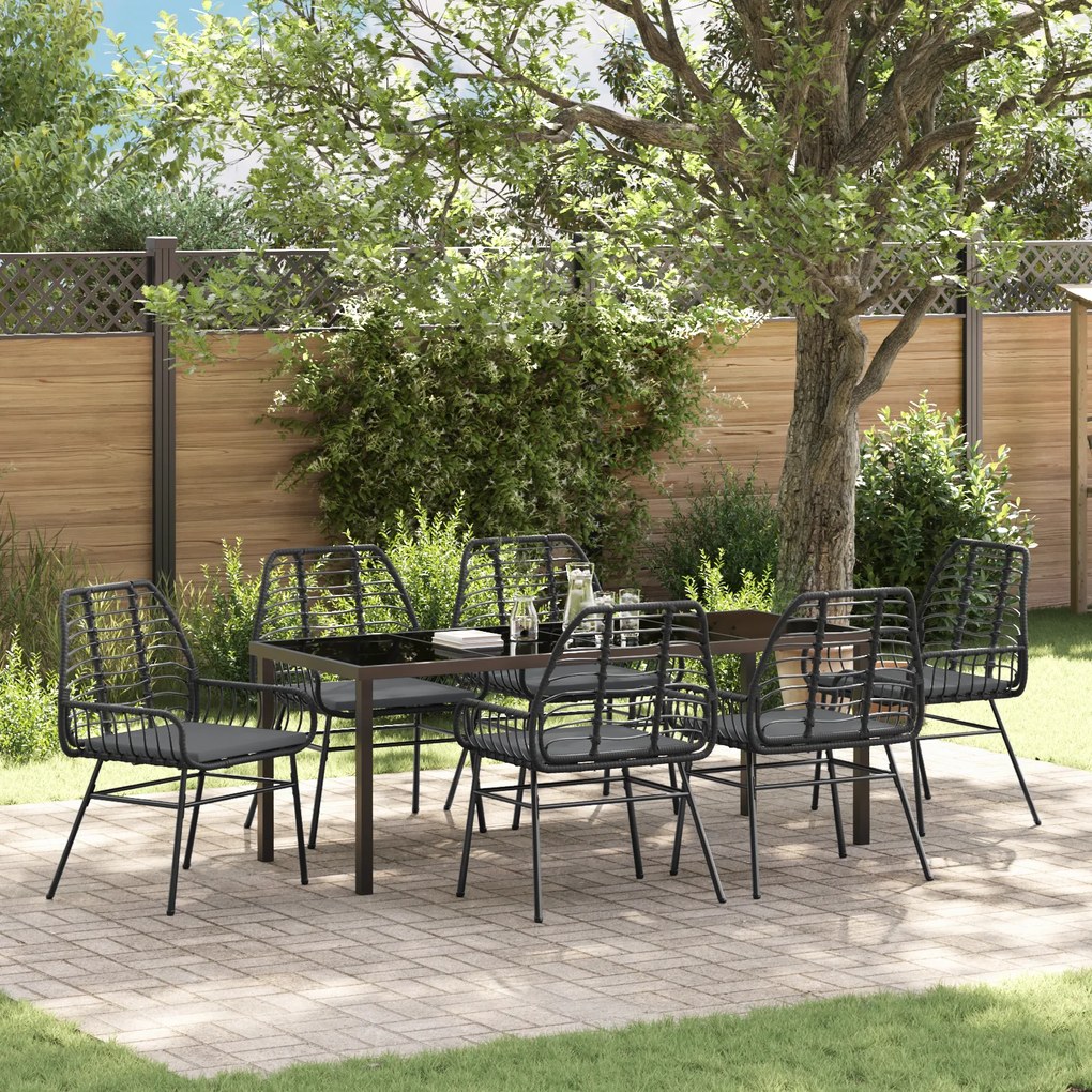 vidaXL Conjunto de Jantar de Jardim de 7 Peças com Almofadas Preto Rattan Poliéster
