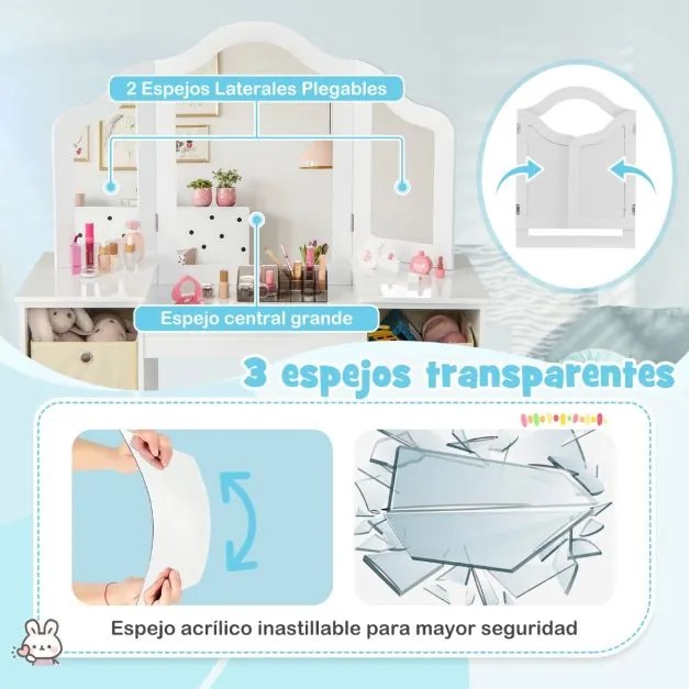 Conjunto de 2 em 1 Toucador e Cadeira de Maquilhagem 104 x 40 x 117 cm para Crianças 3+ Anos com 3 Espelhos Amovíveis 4 caixas armazemento Branco