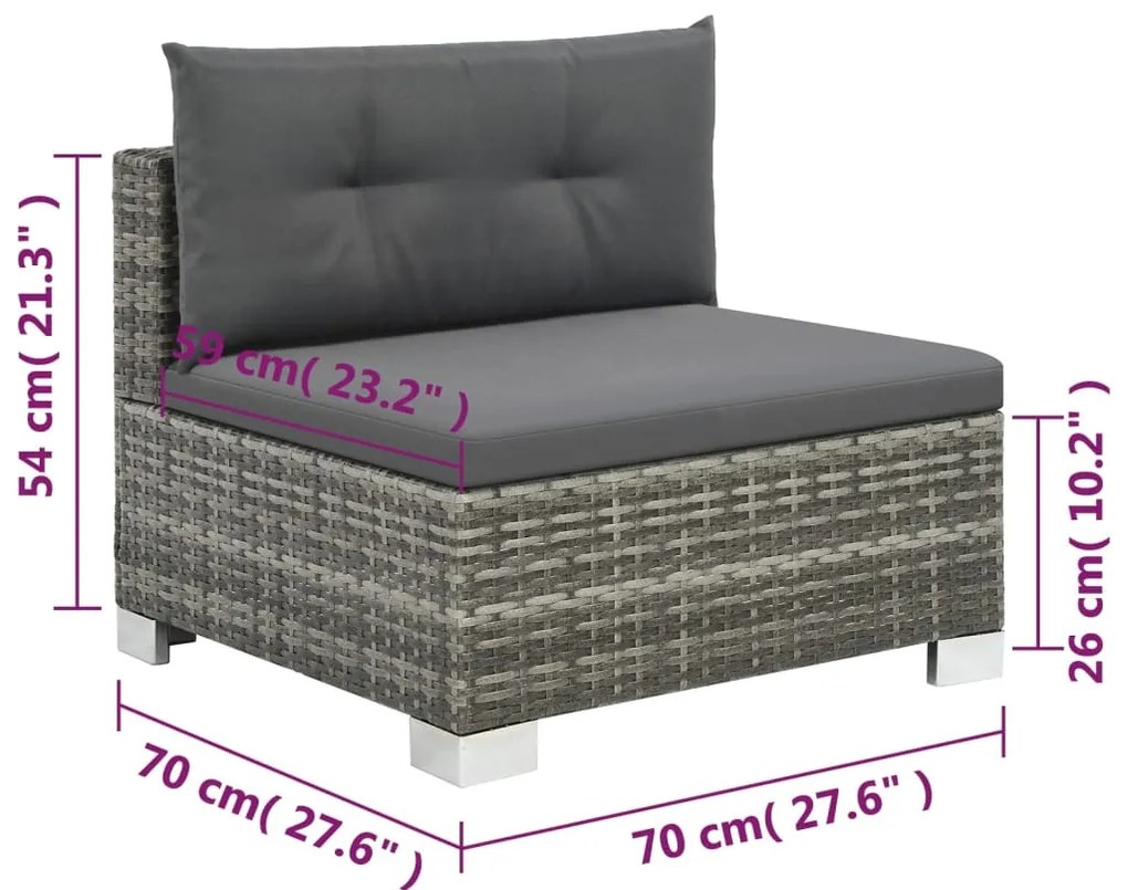 10 pcs conjunto lounge de jardim c/ almofadões vime PE cinzento