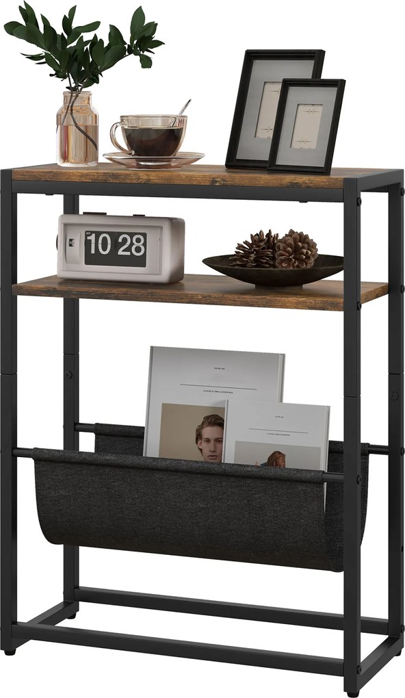 Mesa de apoio com prateleira e porta-revistas, estrutura em aço, design industrial - 43 x 18 x 56 cm