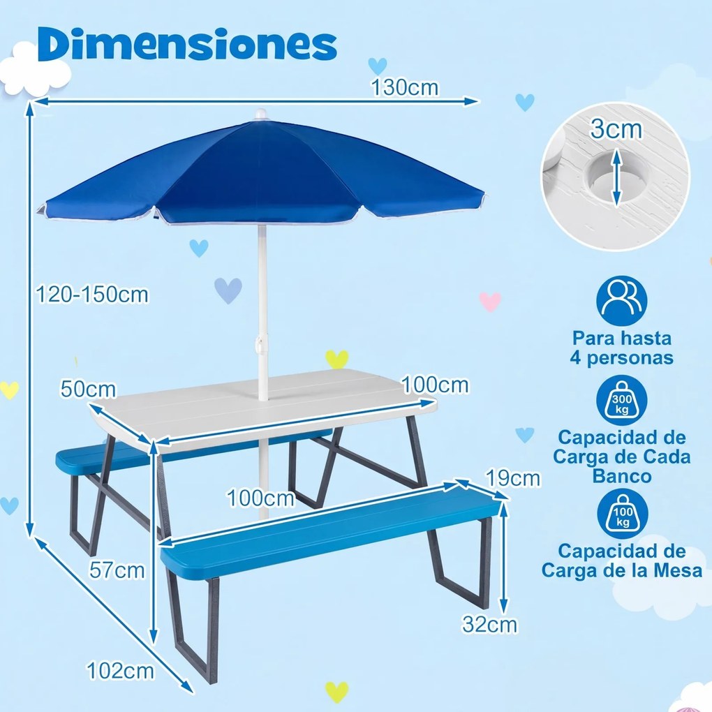 Mesa de Piquenique Infantil com 2 Bancos Integrados, 102 x 100 x 150 cm, Guarda-sol Removível e Ajustável, Azul