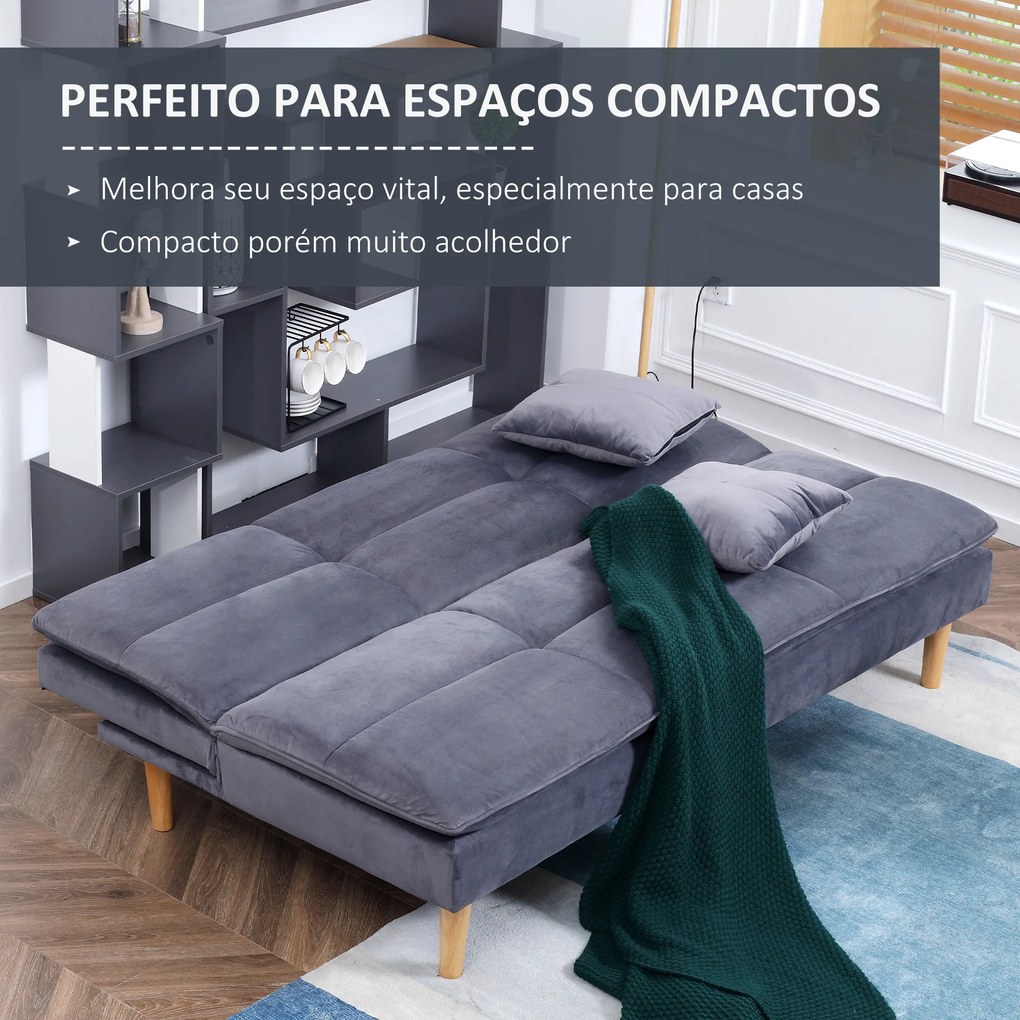 HOMCOM Sofá Cama de 3 Lugares Estofado em Flanela com Encosto Ajustável em 2 Posições 2 Almofadas e Pés de Madeira Sofá Moderno para Sala de Estar Escritório 181x92x84cm Cinza