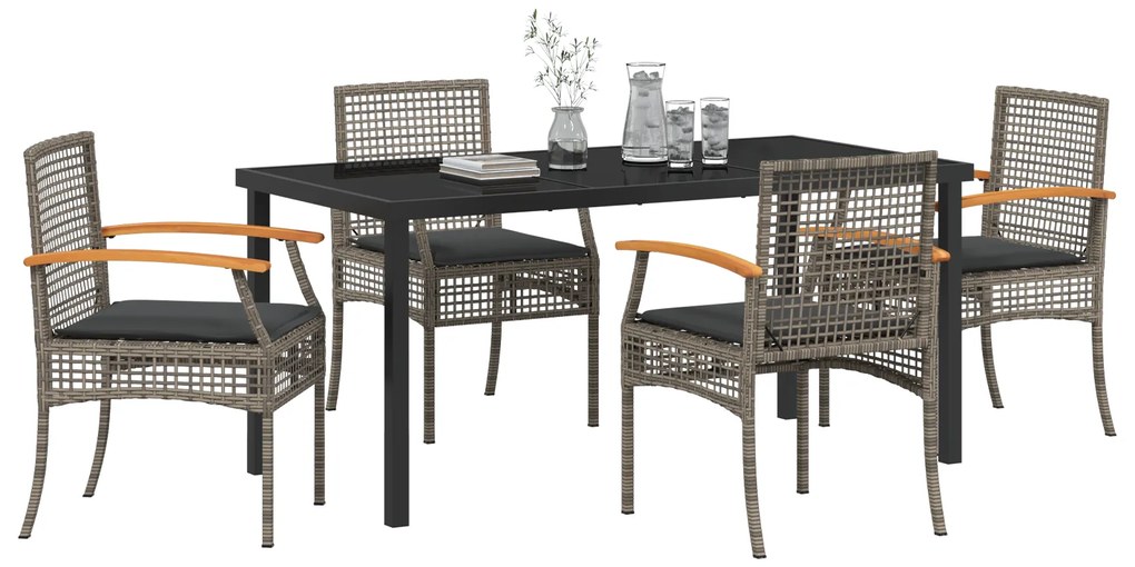 Conjunto de Jantar de Jardim 5 Peças com Almofadas Cinza Vime Poliéste