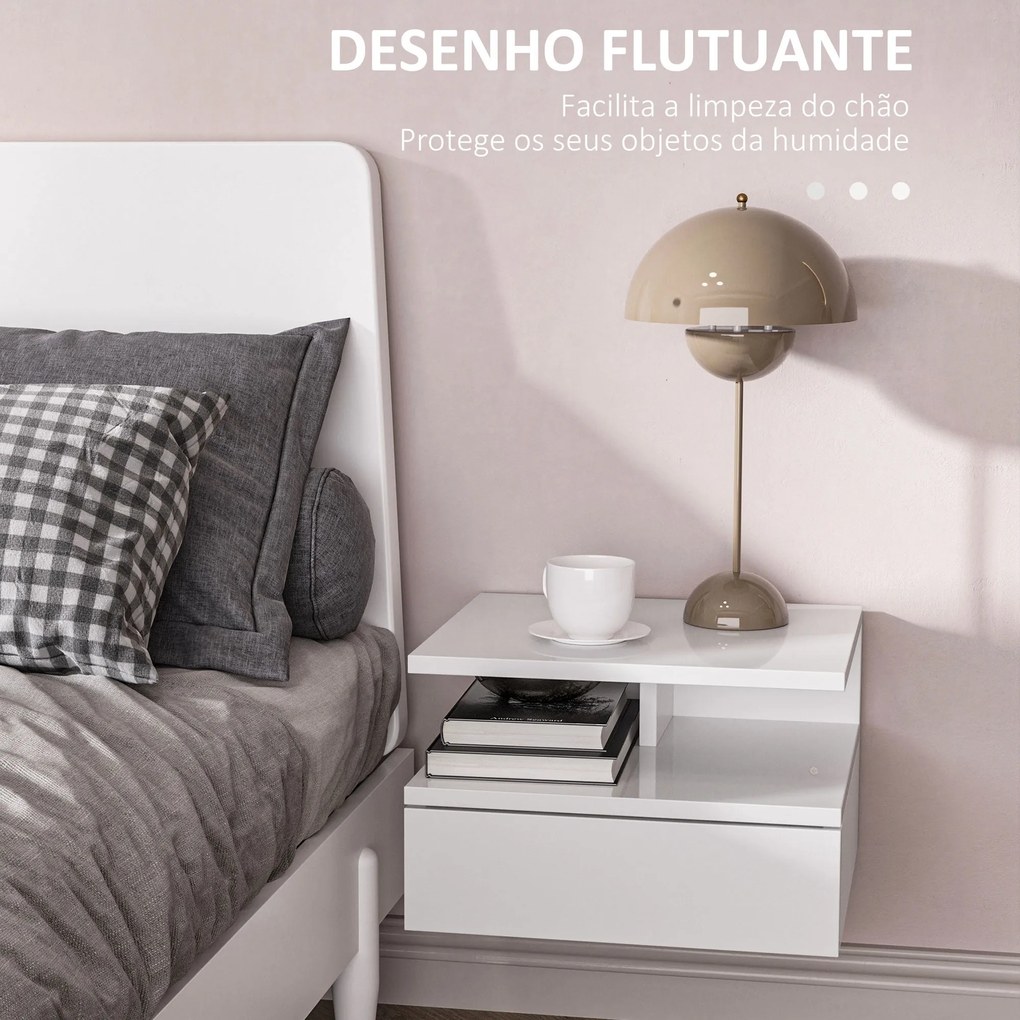 Conjunto de 2 Mesas de Cabeceira Flutuantes – Com Gaveta e Prateleira