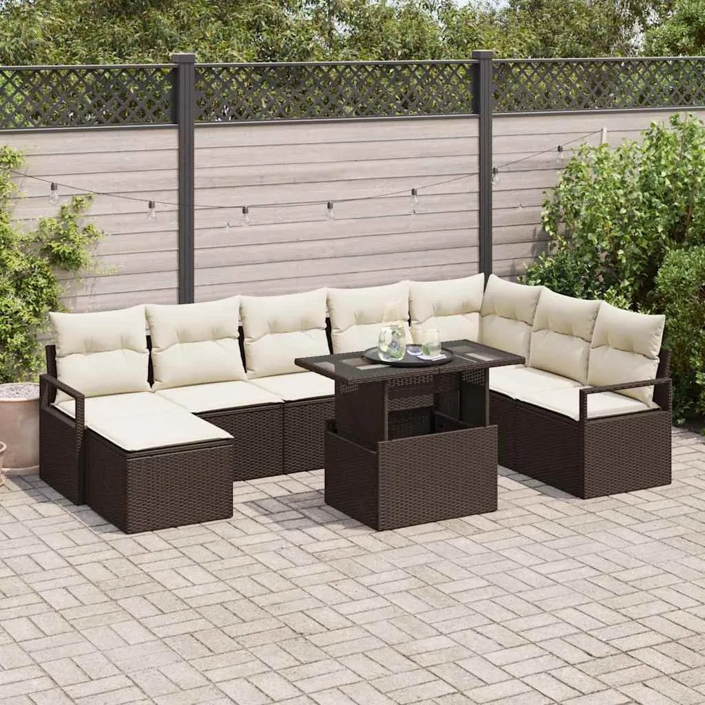 vidaXL Conjunto de sofá de jardim de 9 peças com almofadas marrons em rattan