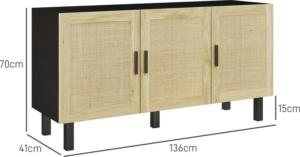 Aparador de arrumação 136 x 41 x 70 cm com portas com efeito de vime, prateleiras ajustáveis, 136 x 41 x 70 cm, preto e madeira natural