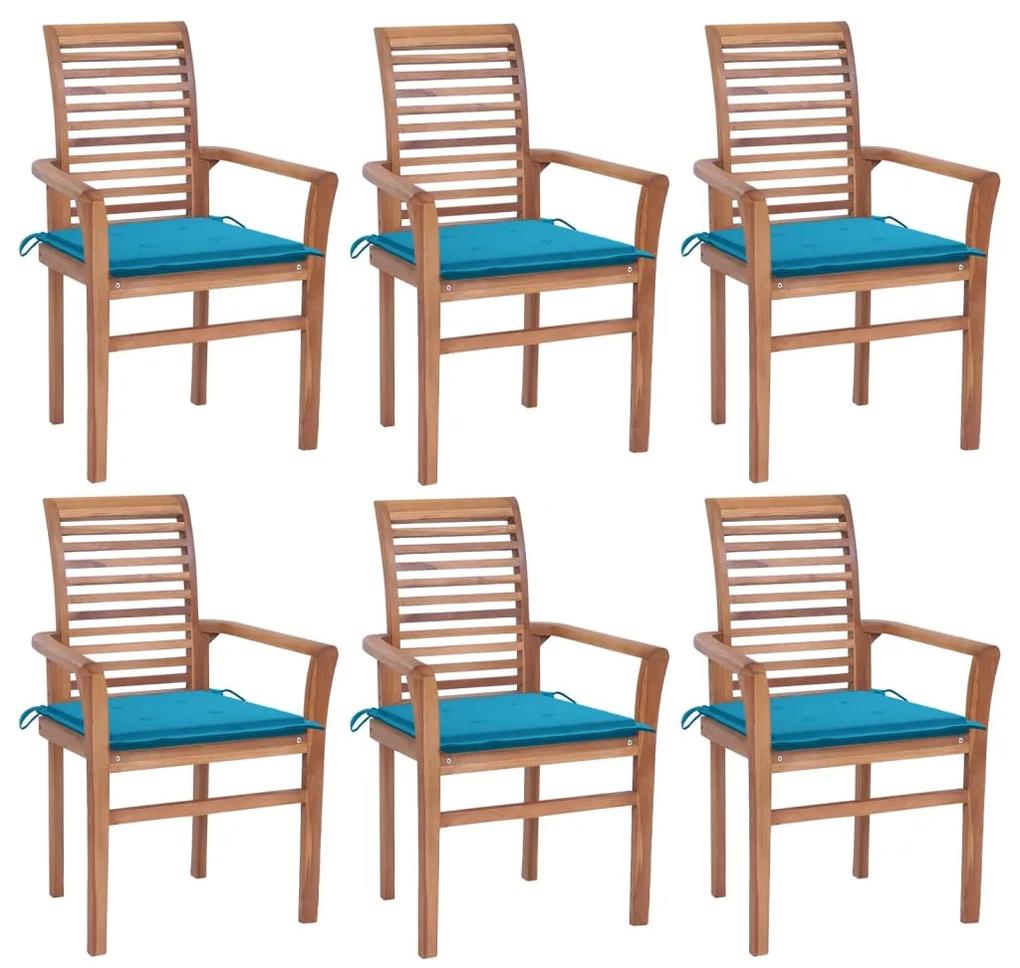 Cadeiras de jantar c/ almofadões azuis 6 pcs teca maciça
