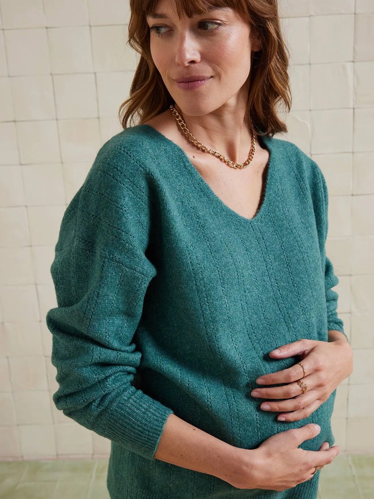 Camisola com decote em V,  em malha de macia fantasia, para grávida verde-inglês