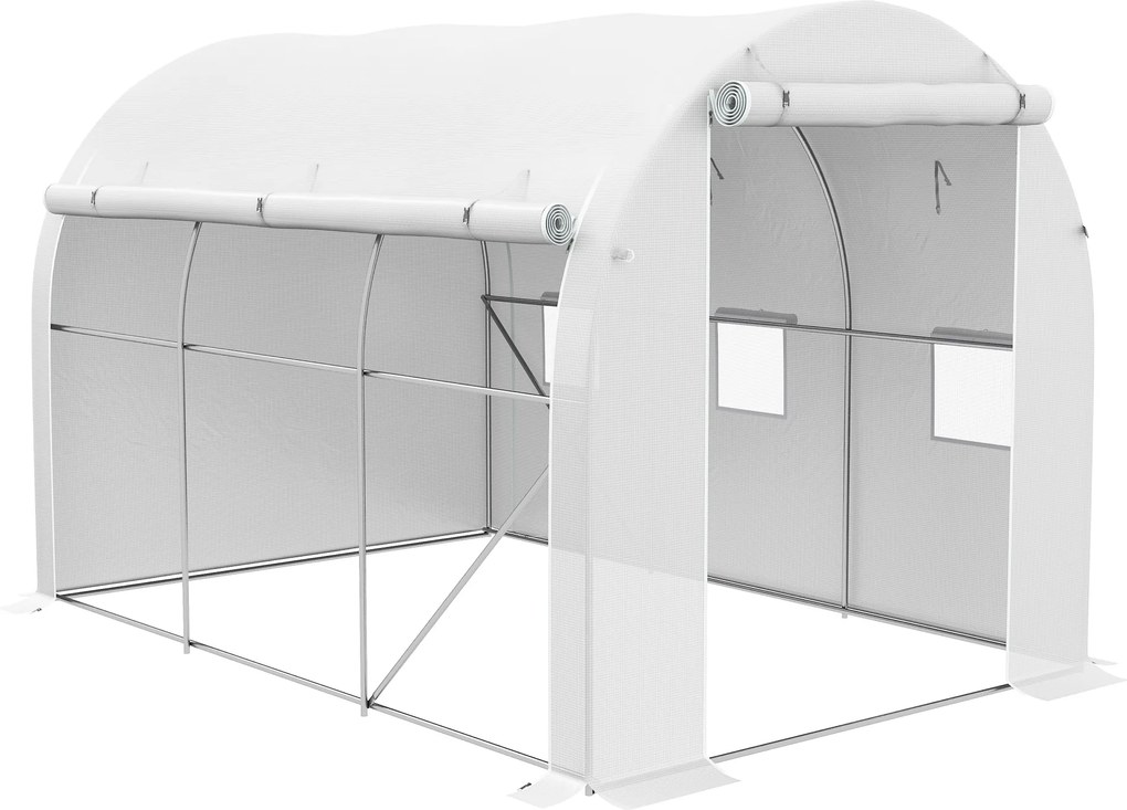 Estufa de jardim com 6 m², dimensões 3 x 2 m, com 1 porta + 2 paredes laterais enroláveis com fecho de correr, 6 janelas, Branco