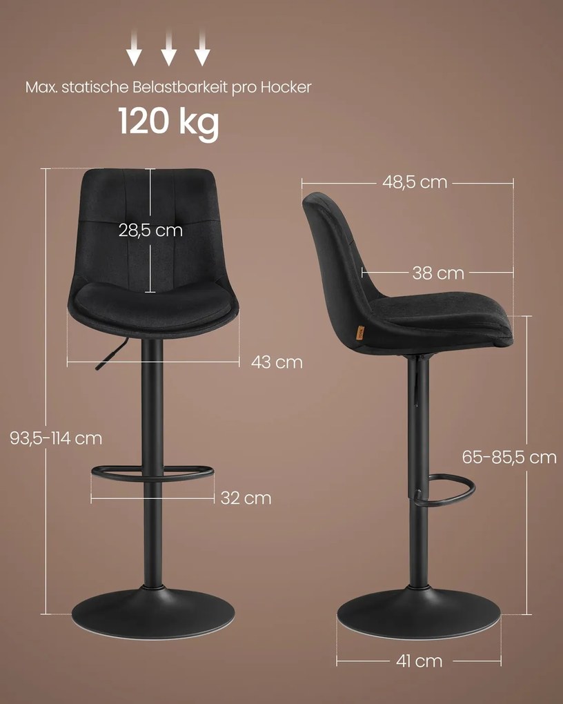 Conjunto de 2 bancos de bar em veludo, ajustáveis em altura, giratórios, Pretos
