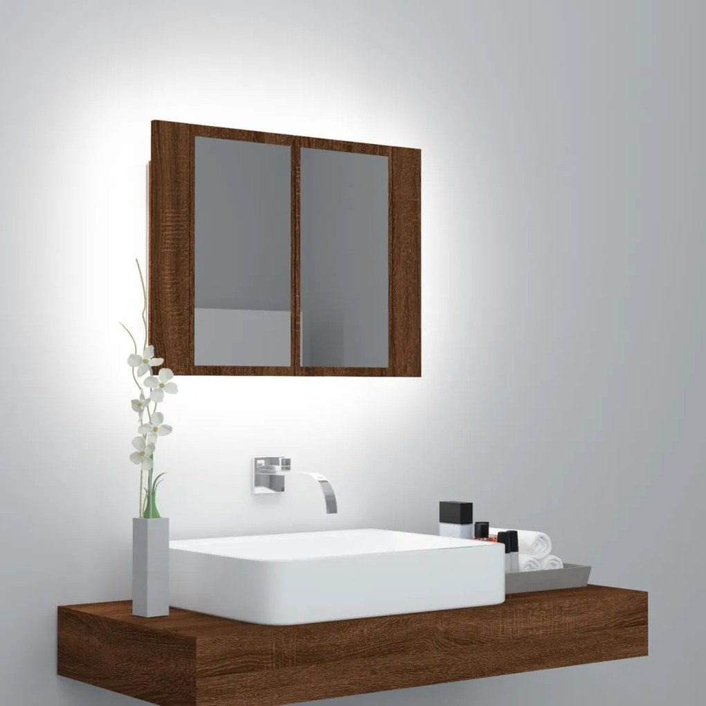 vidaXL Armário espelhado c/ LEDs derivados madeira carvalho castanho