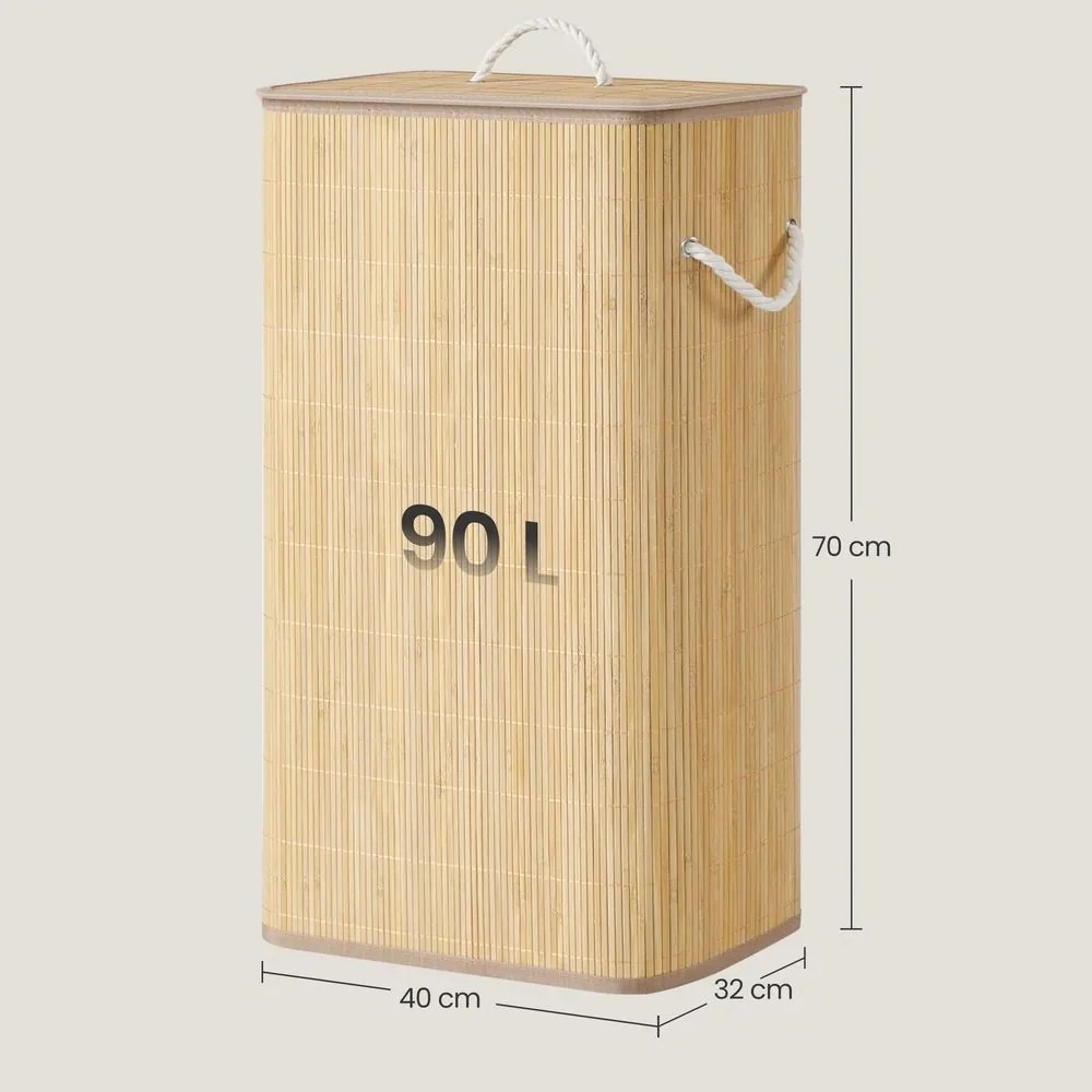 Cesto da roupa suja com tampa, 90 L, 40 x 32 x 70 cm cesto de bambu natural