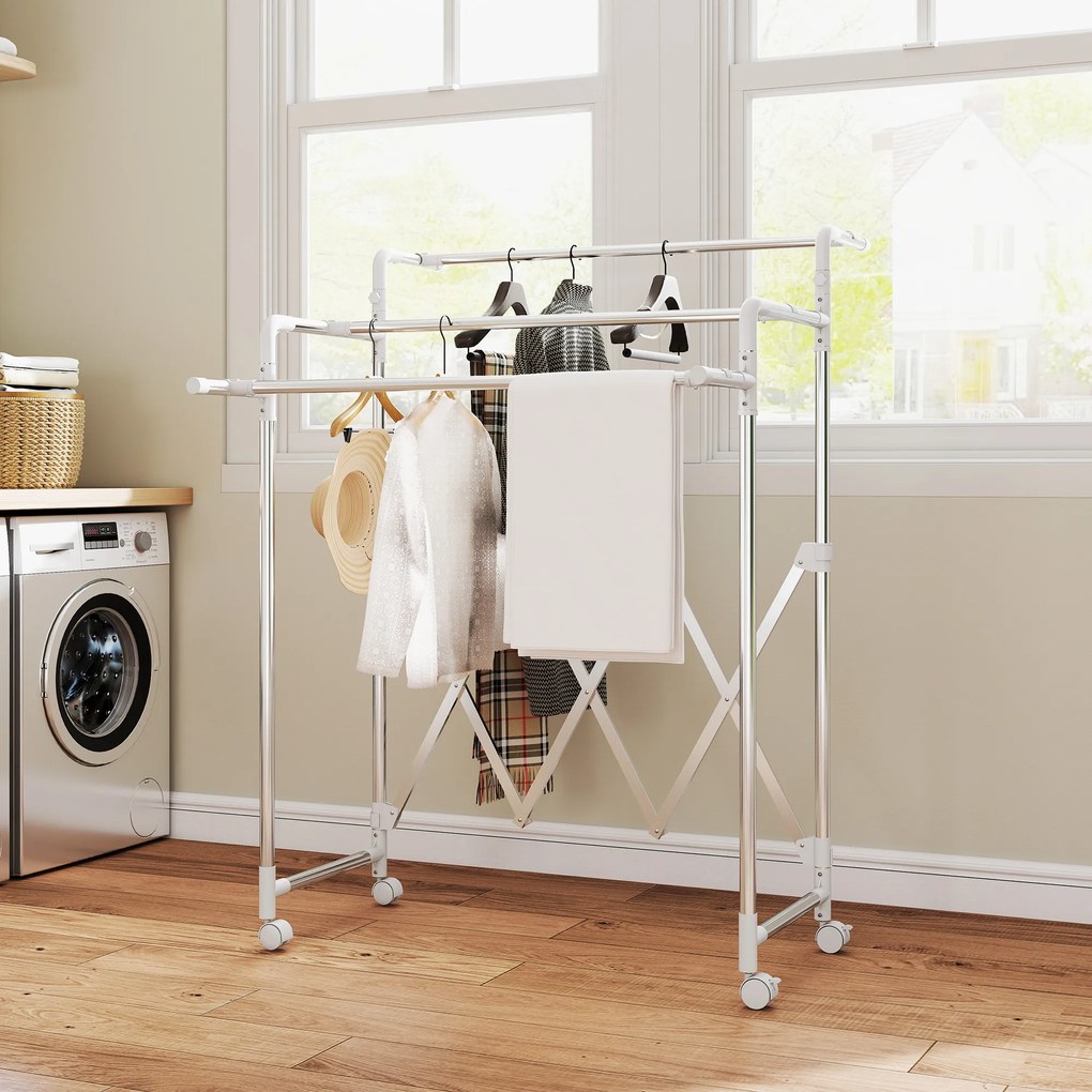 Estendal Vertical Dobrável de 3 Níveis Estendal de Aço Inoxidável com 3 Barras Ajustáveis e Extensíveis 4 Rodas 104-150x103x145-197 cm Prateado