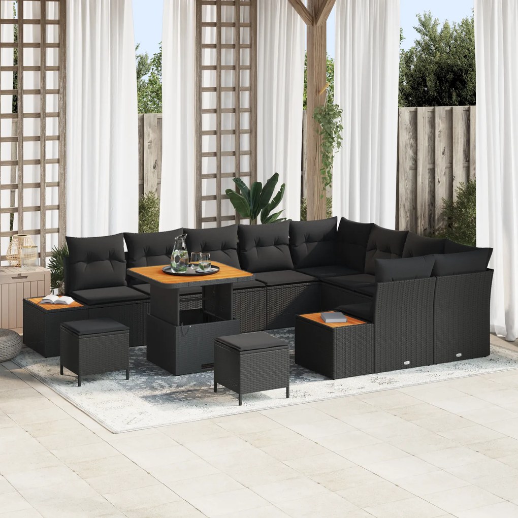 Conjunto de Sofá de Jardim vidaXL 12 Peças com Almofadas Preto Vime Poliéster Acácia