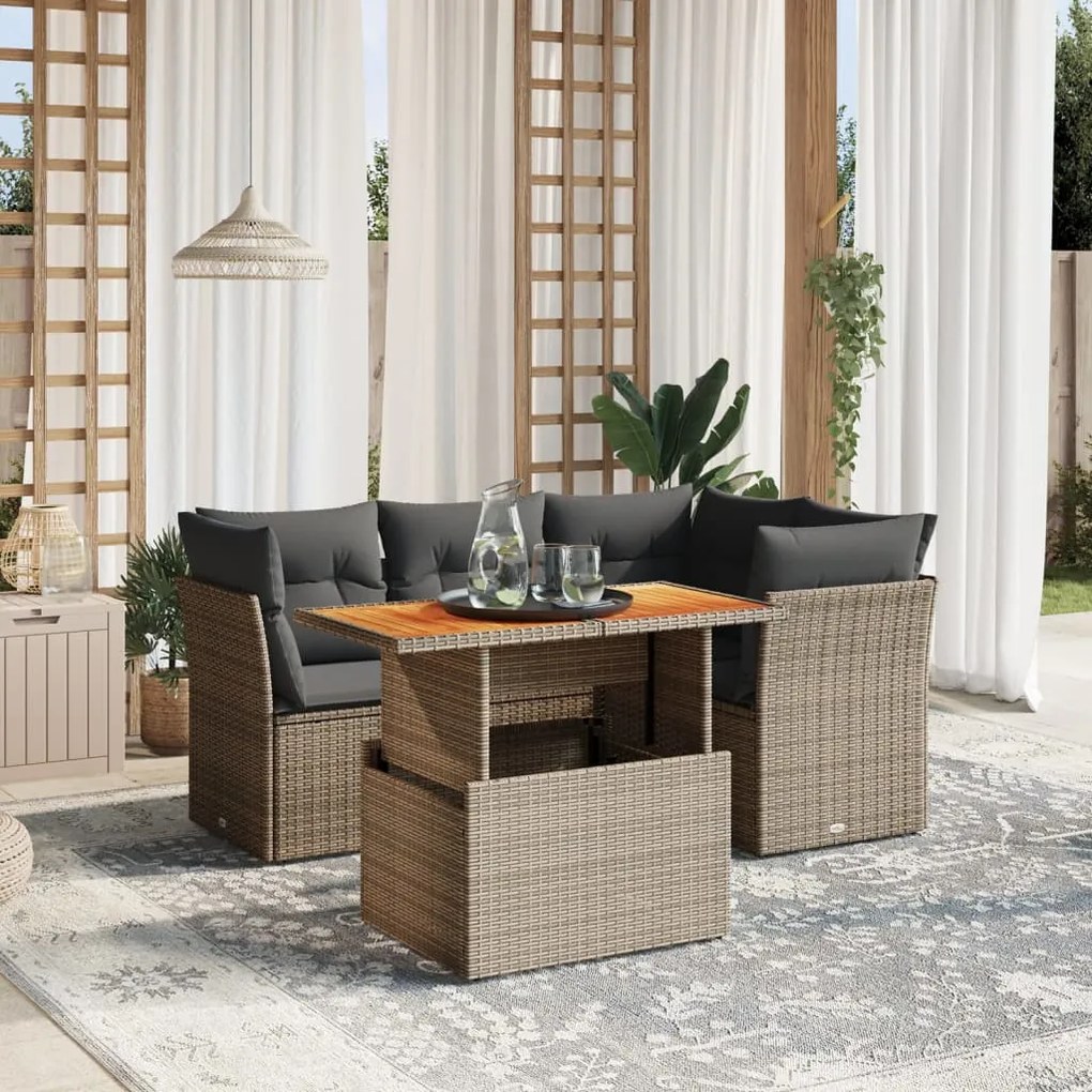 5 pcs conjunto sofás de jardim c/ almofadões vime PE cinzento