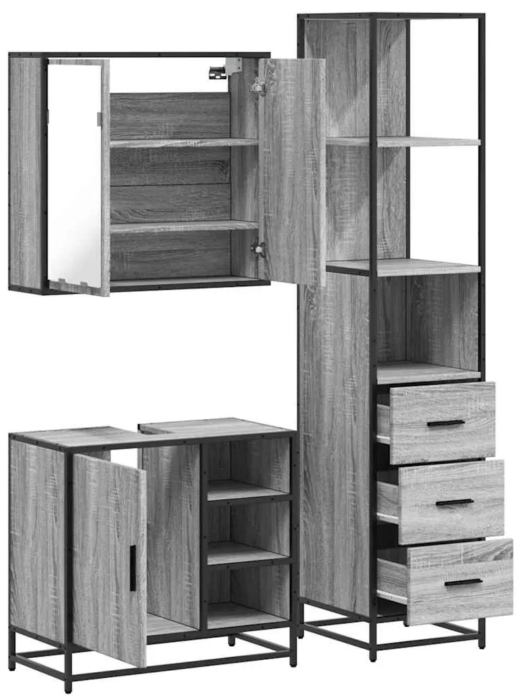 3 pcs Conjunto móveis casa de banho madeira proc. cinza sonoma