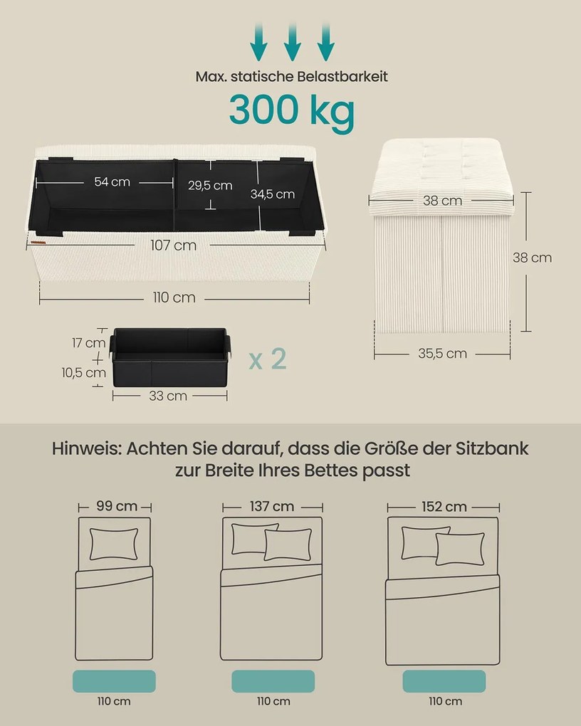 Banco dobrável com espaço de arrumação e design rebatível 38 x 110 x 38 cm Creme