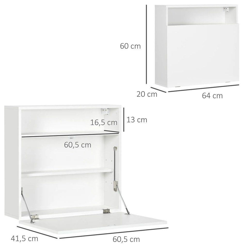 Secretária de Parede Moderna Dobrável Multifuncional com Prateleiras de Armazenamento Carga 40 kg 64x20x60 cm Branco