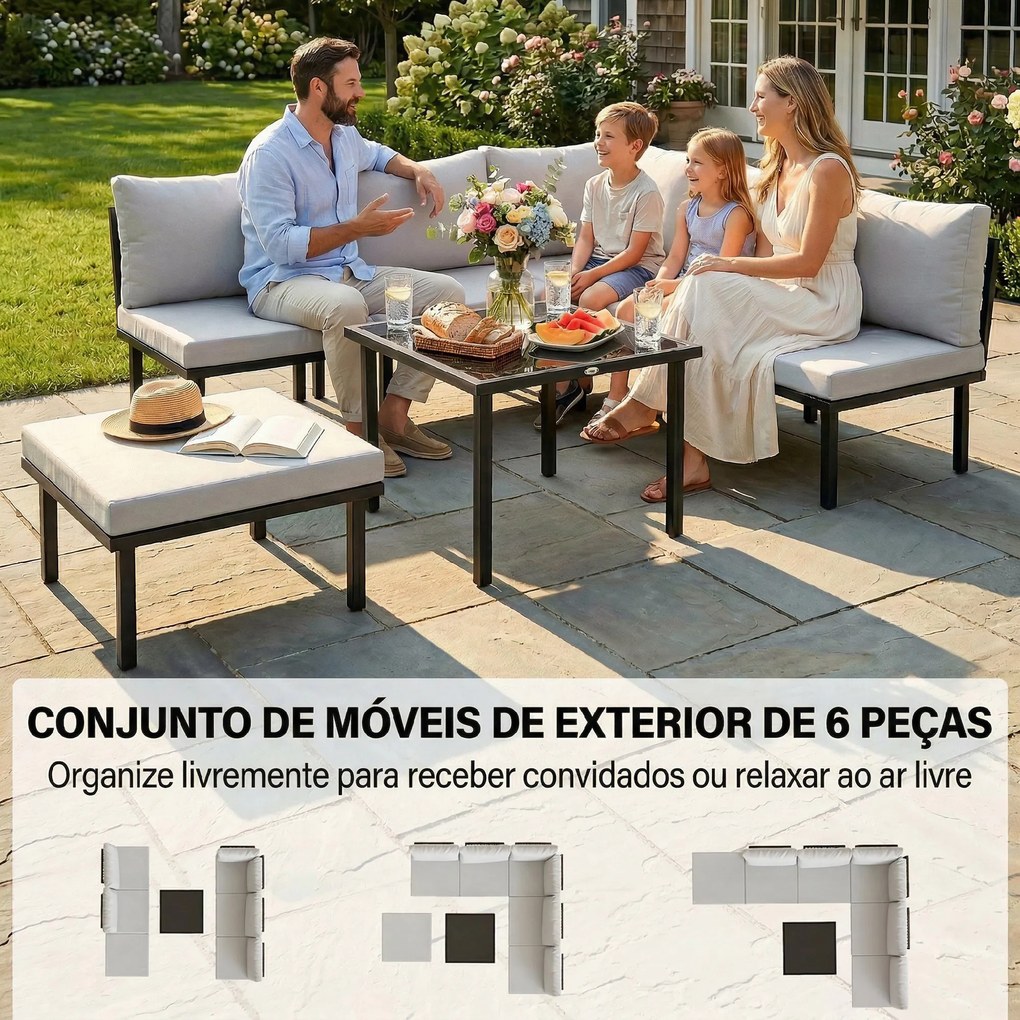 Conjunto de Jardim Exterior de 6 peças com Sofá de 2 Lugares Módulo de Canto 2 Assentos Apoio para Pés e Mesa de Vidro Cinza Claro