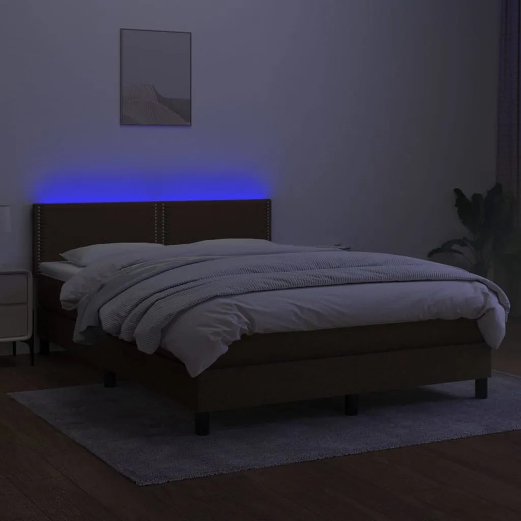 Cama box spring c/ colchão/LED 140x200cm tecido castanho-escuro