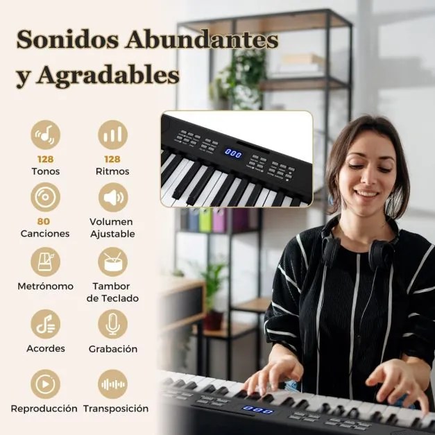 Teclado musical dobrável de 61 teclas, piano eletrónico com fones de ouvido e pedal portátil com bolsa para iniciantes Preto
