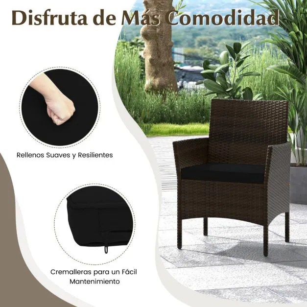 Conjunto de jardim, 4 peças: mobiliário de exterior com cadeira, sofá de 2 lugares e mesa de vidro temperado Castanho misto e almofadas pretas