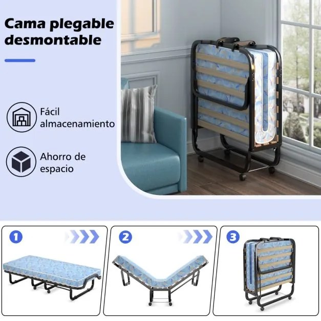 Cama de solteiro dobrável com colchão de espuma viscoelástica Estrutura metálica portátil com rodas para escritório em casa 90 x 200 x 41 cm