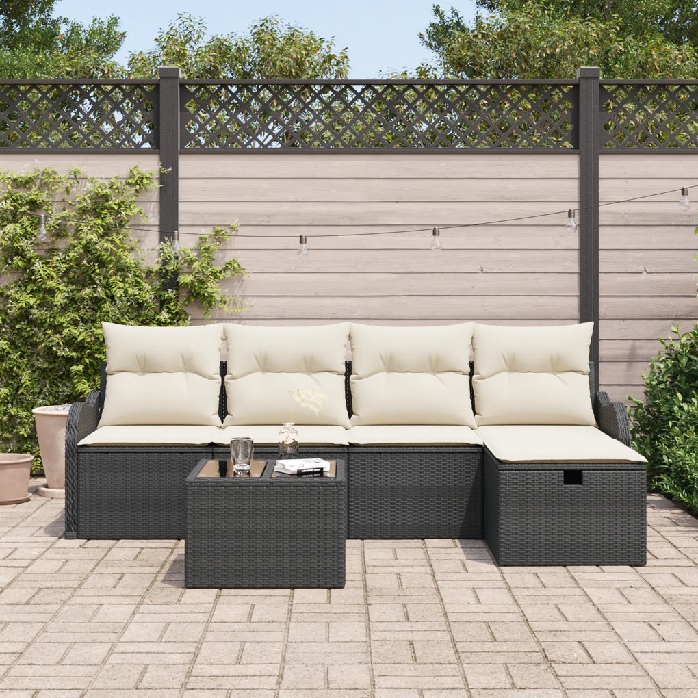 Sofás de Jardim vidaXL 6 Peças com Almofadas Pretas de Rattan Sintétic