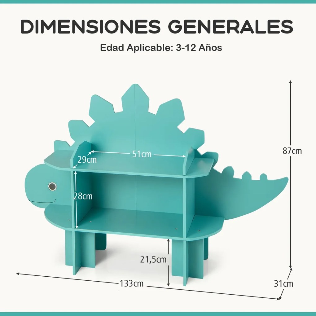 Estante de dinossauro de madeira de 2 níveis para crianças Organizador de brinquedos com prateleiras de arrumação abertas Verde