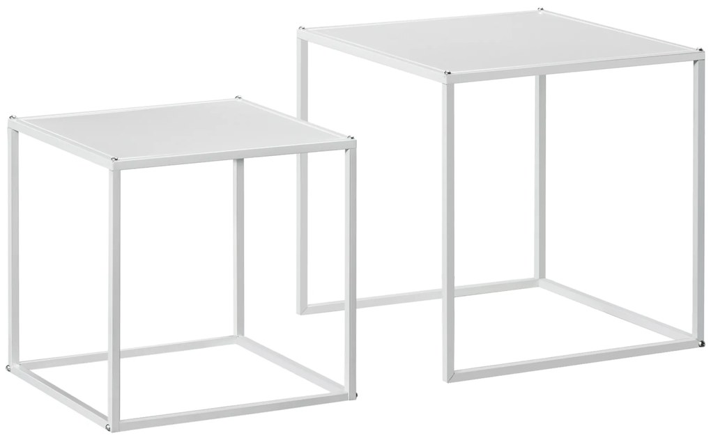 Conjunto de 2 Mesas Mesas de Centro Quadradas para Sala de Estar Estrutura de Aço Grande 40 cm Pequena 35 cm Branco