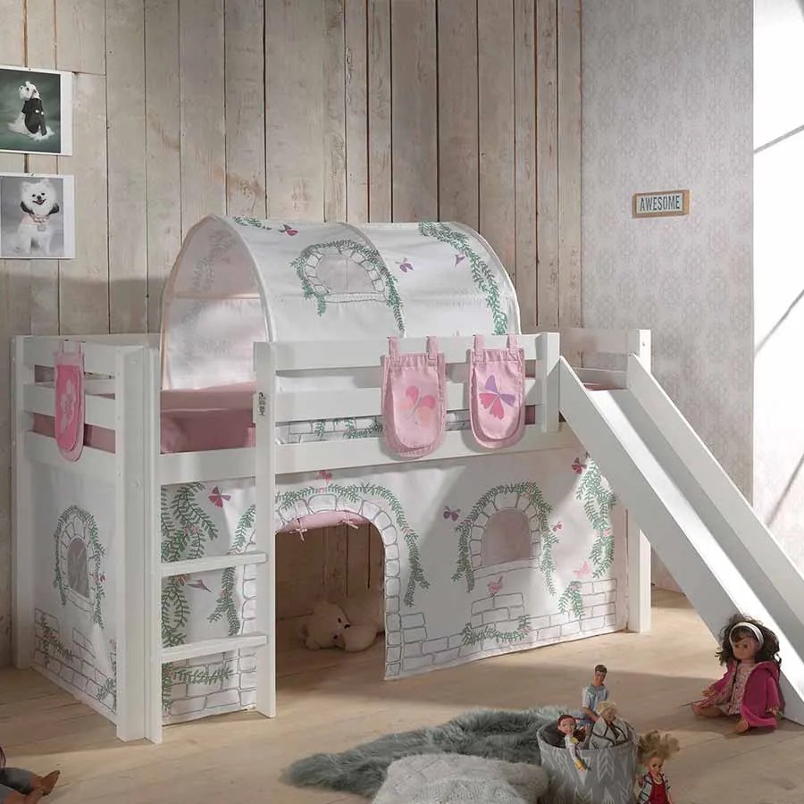 Conjunto Cama alta de Criança PINO 90 x 200 cm + estrado + escada + escorrega + cortina + 3 bolsas + túnel Pássaros branca