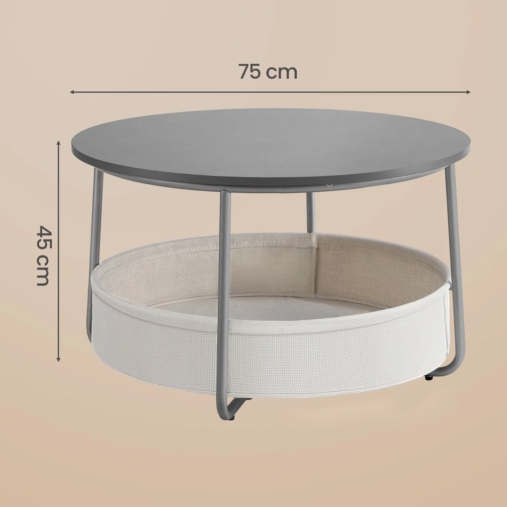 Mesa de centro redonda com cesto em tecido 75 cm de diâmetro e 45 cm de altura cinza cimento-branco creme