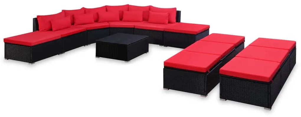 vidaXL Conjunto lounge de jardim c/ almofadões 9 pcs vime PE vermelho