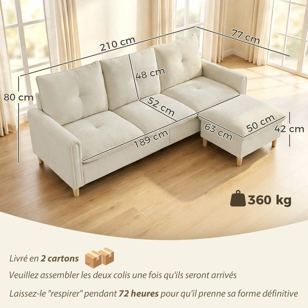 Sofá de 3 Lugares Modular, 210 x 77 x 80 cm, Pufe de Arrumação Flexível, Creme
