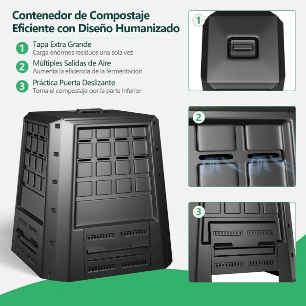 Recipente compostagem de jardim 380 L PP com tampa e ranhuras de ar ajustáveis 78 x 64 x 80 cm preto