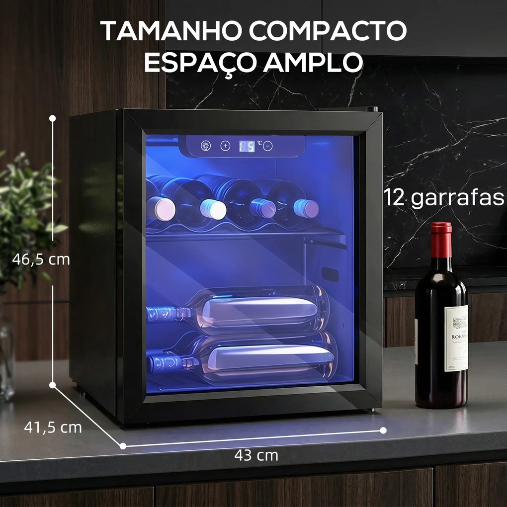 Vinoteca 12 Garrafas, Frigorífico para Vinhos 36 L com Temperatura Ajustável 4-16 ℃ Porta de Vidro Duplo Luz LED, Preto
