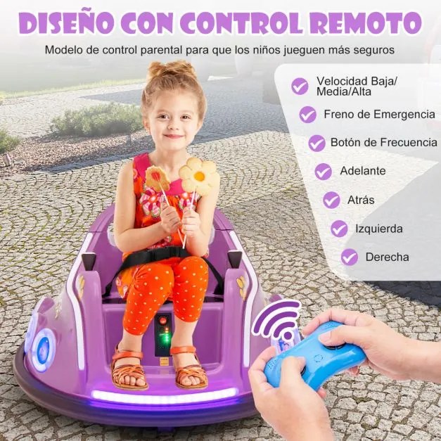 Carrinho de choques para crianças 12V com rotação de 360° Controlo remoto Luzes de controlo remoto Música incorporada 73 x 73 x 43cm Púrpura