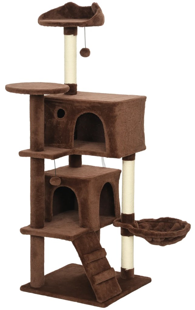 PawHut Arranhador para Gatos com Múltiplas Plataformas Cama 2 Cavernas Rede Escada Postes de Sisal 48x48x140 cm Marrom | Aosom Portugal