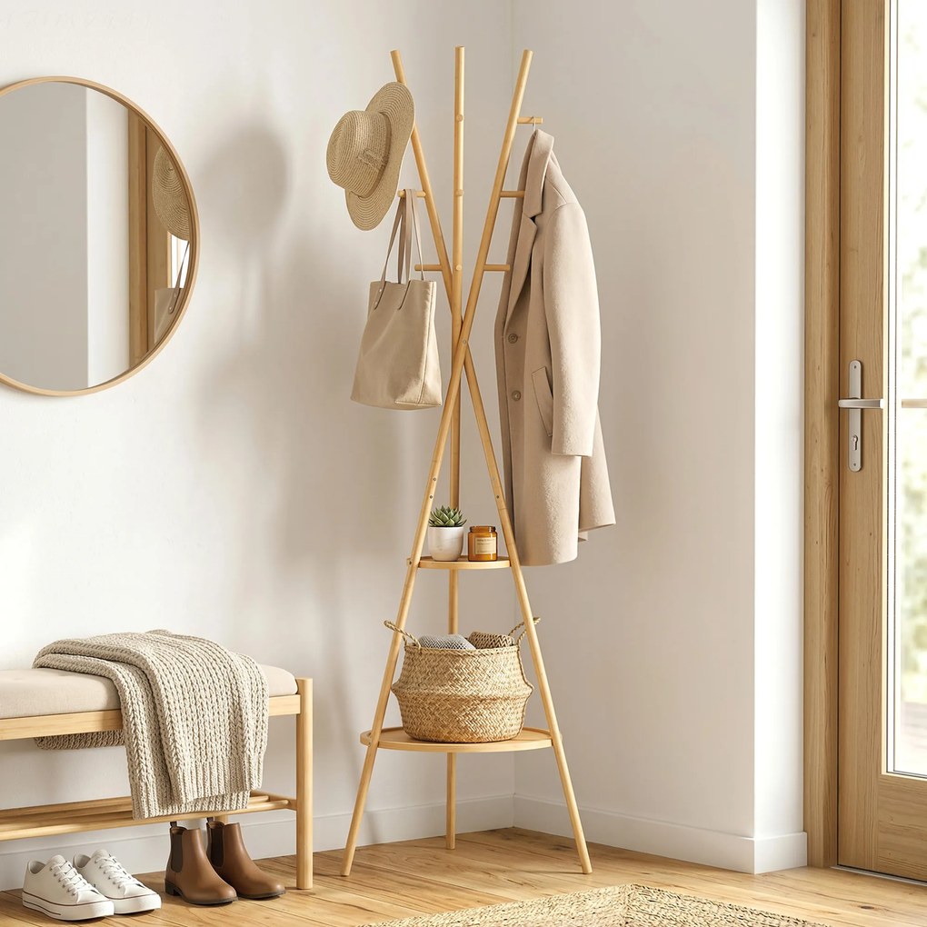 Cabide de Pé em Bambu Cabide para Roupas com 2 Prateleiras e 9 Ganchos Design Elegante 58,5x58,5x176 cm Madeira