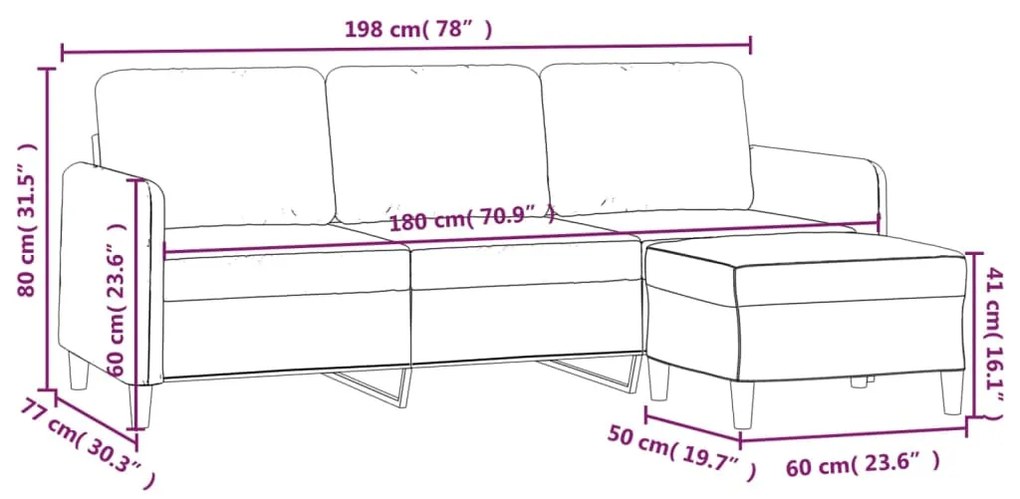 Sofá de 3 lugares com apoio de pés 180 cm veludo cinzento-claro