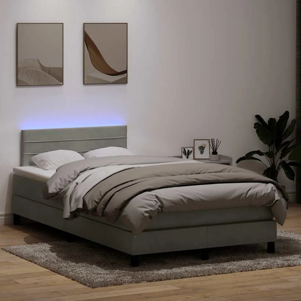 vidaXL Cama box spring c/ colchão e LED 120x210 cm veludo cinzento-claro