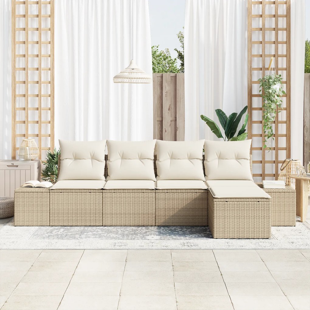Conjunto de Sofá de Jardim com Almofadas Bege Rattan Poliéster