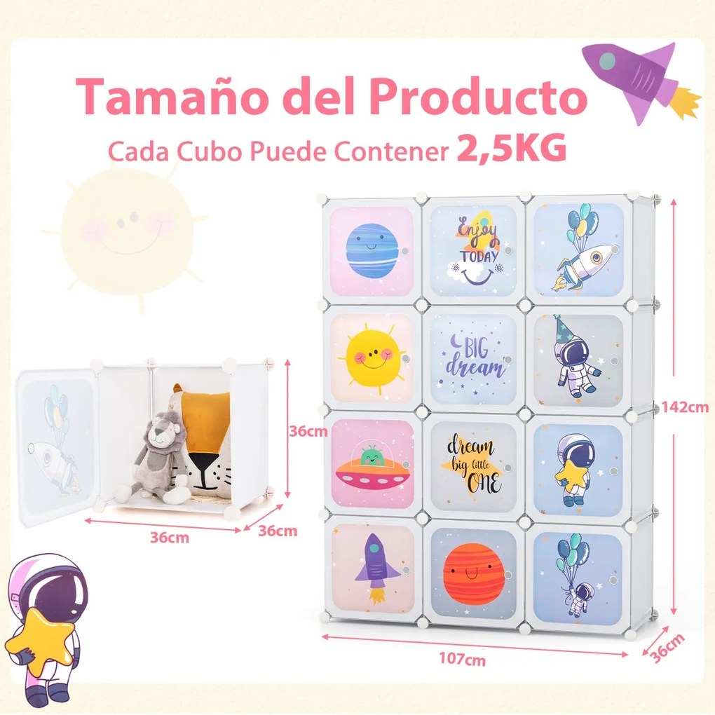 Guarda roupa Infantil de 12 Cubos para Bebéscom 2 secções para pendurar 107 x 36 x 142 cm Branco