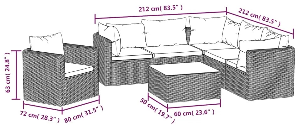 7 pcs conjunto lounge de jardim c/ almofadões vime PE preto